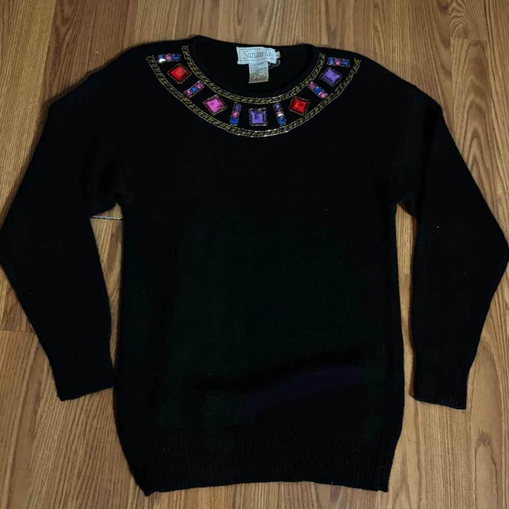 Santoria Vintage Black Silk Wool Angora Rabbit Black Sweater Jewel Accents‎ Y2k